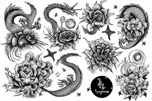 a book opened to flowers, mountains, ocean animals, stars, dragons, planets and sky tattoo idea