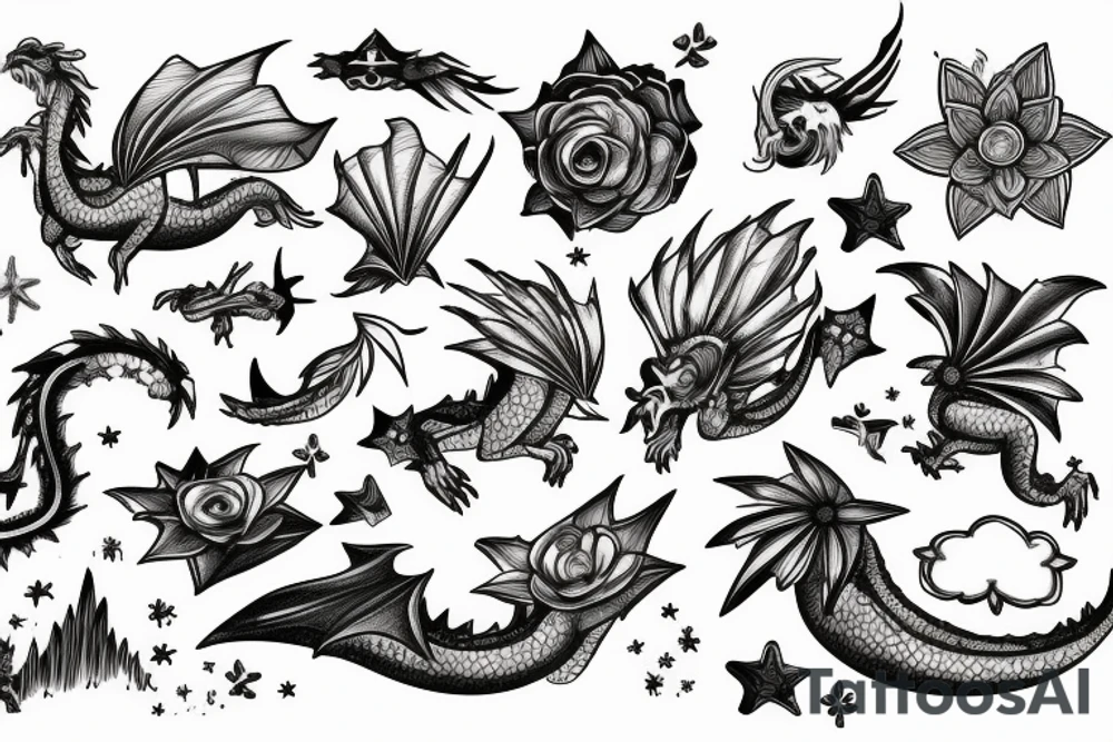 a book opened to flowers, mountains, ocean animals, stars, dragons, planets and sky tattoo idea