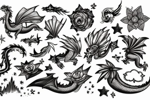 a book opened to flowers, mountains, ocean animals, stars, dragons, planets and sky tattoo idea