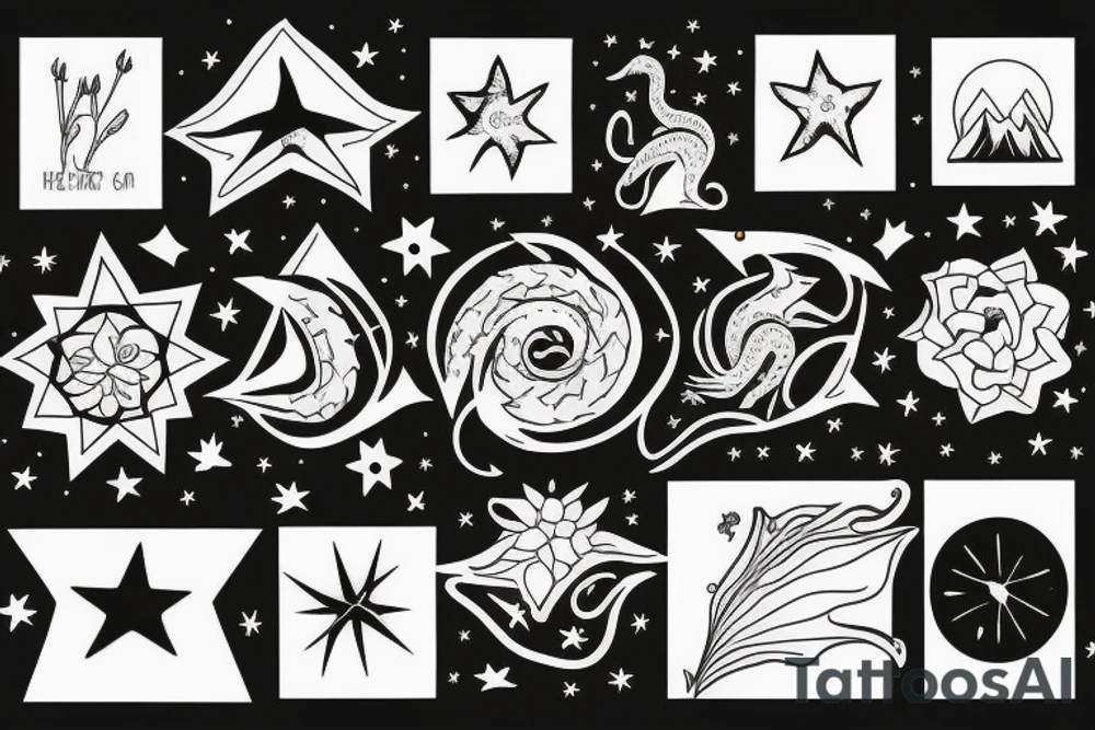 a book opened to flowers, mountains, ocean animals, stars, dragons, planets and sky tattoo idea