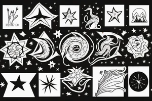 a book opened to flowers, mountains, ocean animals, stars, dragons, planets and sky tattoo idea