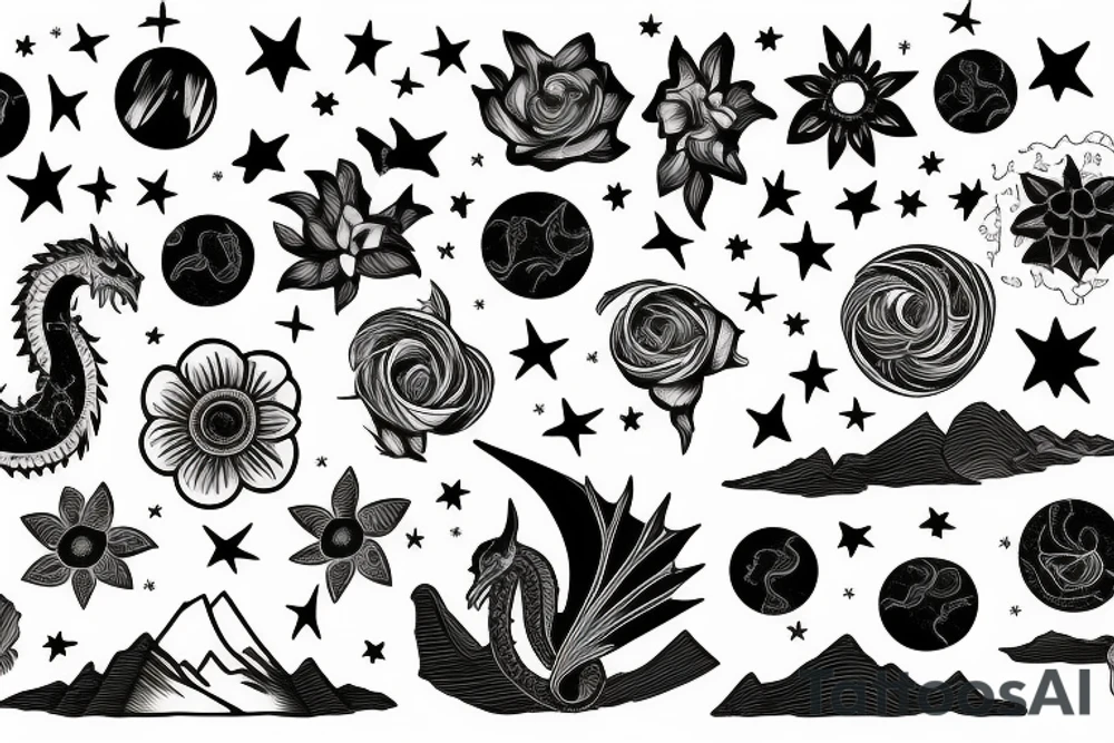 a book opened to flowers, mountains, ocean animals, stars, dragons, planets and sky tattoo idea