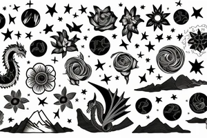 a book opened to flowers, mountains, ocean animals, stars, dragons, planets and sky tattoo idea