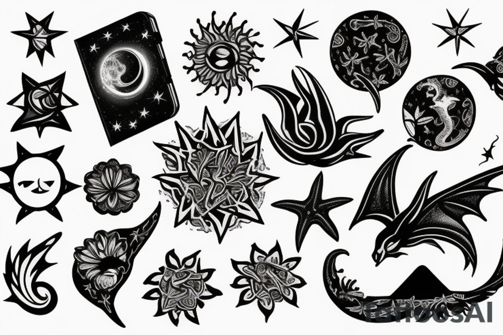 a book opened to flowers, mountains, ocean animals, stars, dragons, planets and sky coming out of it in one small image tattoo idea