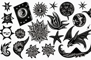 a book opened to flowers, mountains, ocean animals, stars, dragons, planets and sky coming out of it in one small image tattoo idea