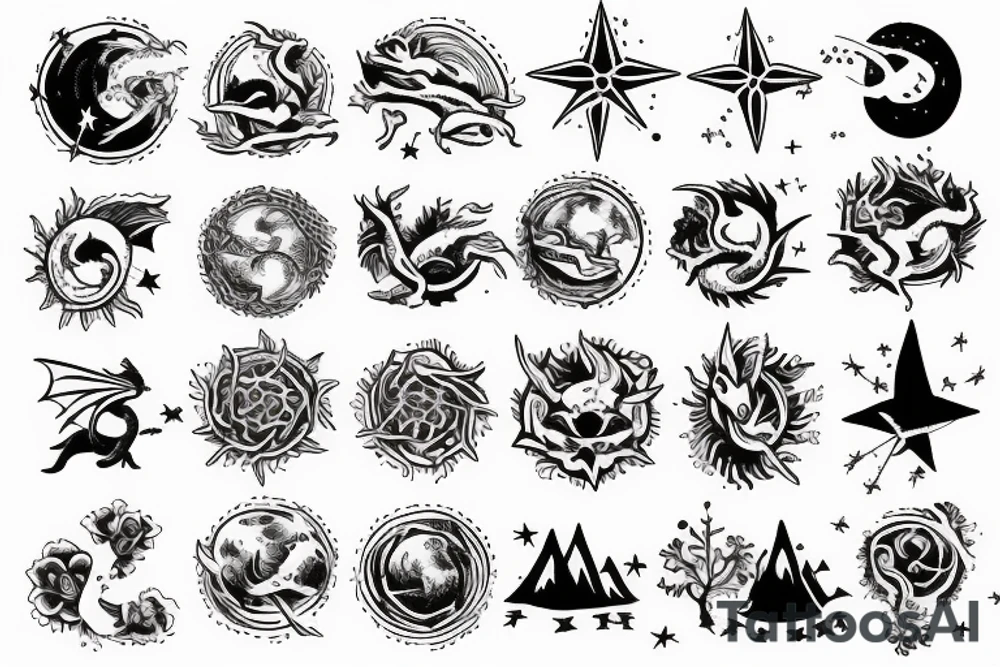 a book opened to flowers, mountains, ocean animals, stars, dragons, planets and sky coming out of it in one small image tattoo idea