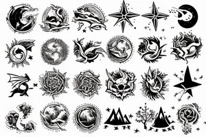 a book opened to flowers, mountains, ocean animals, stars, dragons, planets and sky coming out of it in one small image tattoo idea