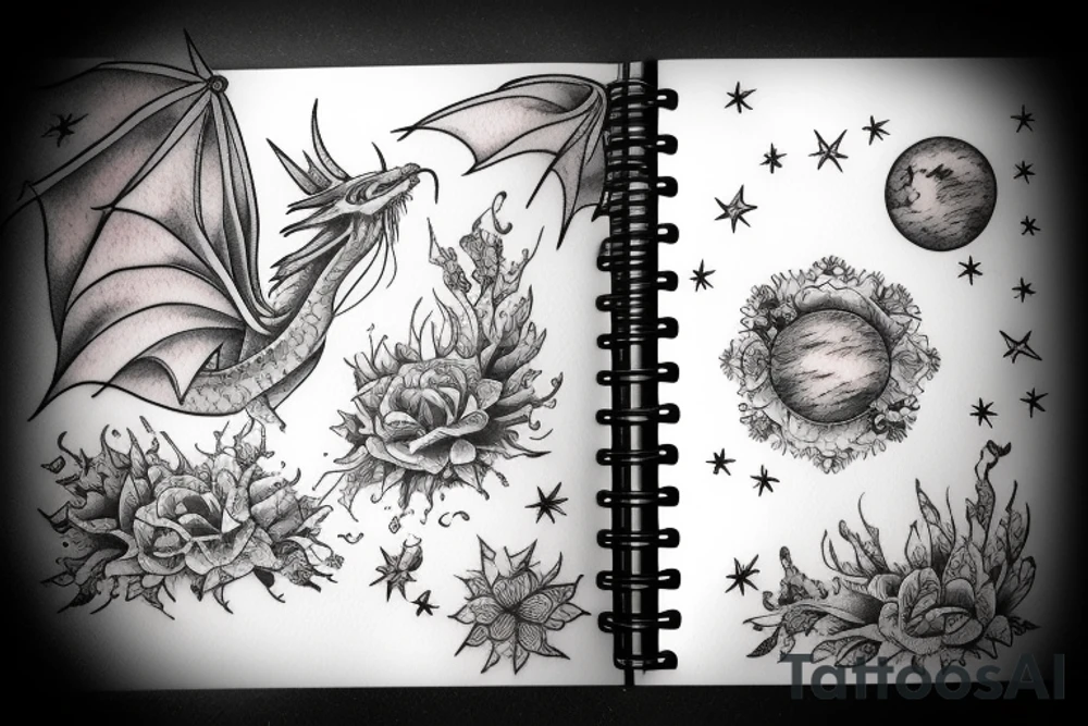 a book opened to flowers, mountains, ocean animals, stars, dragons, planets and sky coming out of it in one small image tattoo idea