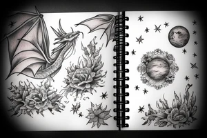 a book opened to flowers, mountains, ocean animals, stars, dragons, planets and sky coming out of it in one small image tattoo idea