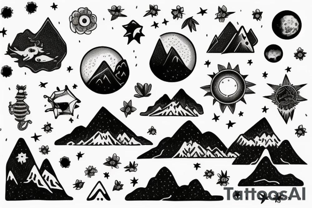 a novel opened to flowers coming out of it, mountains, ocean animals, stars, dragons, planets and sky coming out of it in one small image tattoo idea