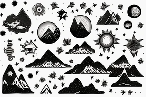 a novel opened to flowers coming out of it, mountains, ocean animals, stars, dragons, planets and sky coming out of it in one small image tattoo idea