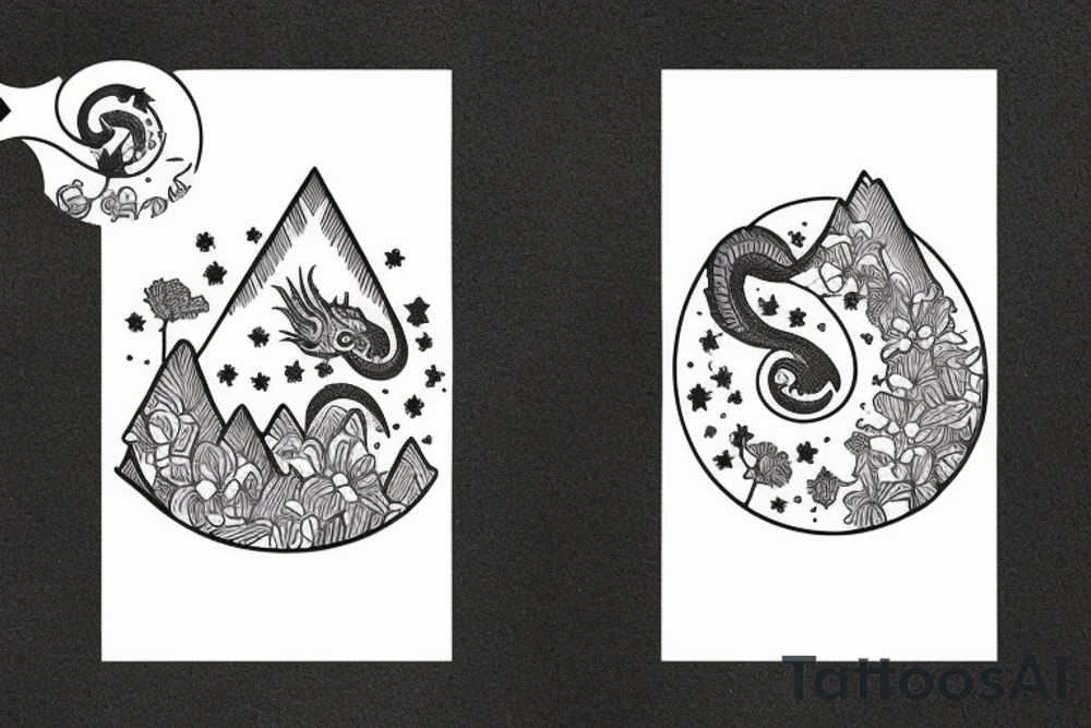 a novel opened to flowers coming out of it, mountains, ocean animals, stars, dragons, planets and sky coming out of it in one small image tattoo idea