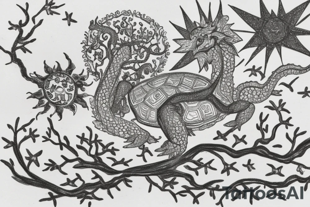 This is a black-and-white drawing of an open book with flowers, birds, stars, and other intricate details. The book has a tree on the left side with its branches reaching up to the top of the page. On the right side of the page there are several small drawings including a sun with rays, a dragon, a turtle, and what appears to be a cat's face. In addition to these images there is also an abstract circle with lines inside it near the center of the page. All together this image creates an interesting composition that could be used for many different purposes such as illustrating stories or providing inspiration for artwork. tattoo idea