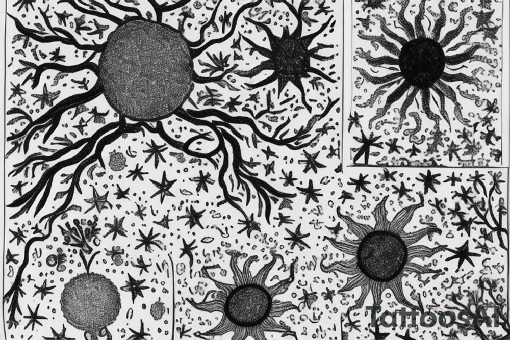 This is a black-and-white drawing of an open book with flowers, birds, stars, and other intricate details. The book has a tree on the left side with its branches reaching up to the top of the page. On the right side of the page there are several small drawings including a sun with rays, a dragon, a turtle, and what appears to be a cat's face. In addition to these images there is also an abstract circle with lines inside it near the center of the page. All together this image creates an interesting composition that could be used for many different purposes such as illustrating stories or providing inspiration for artwork. tattoo idea