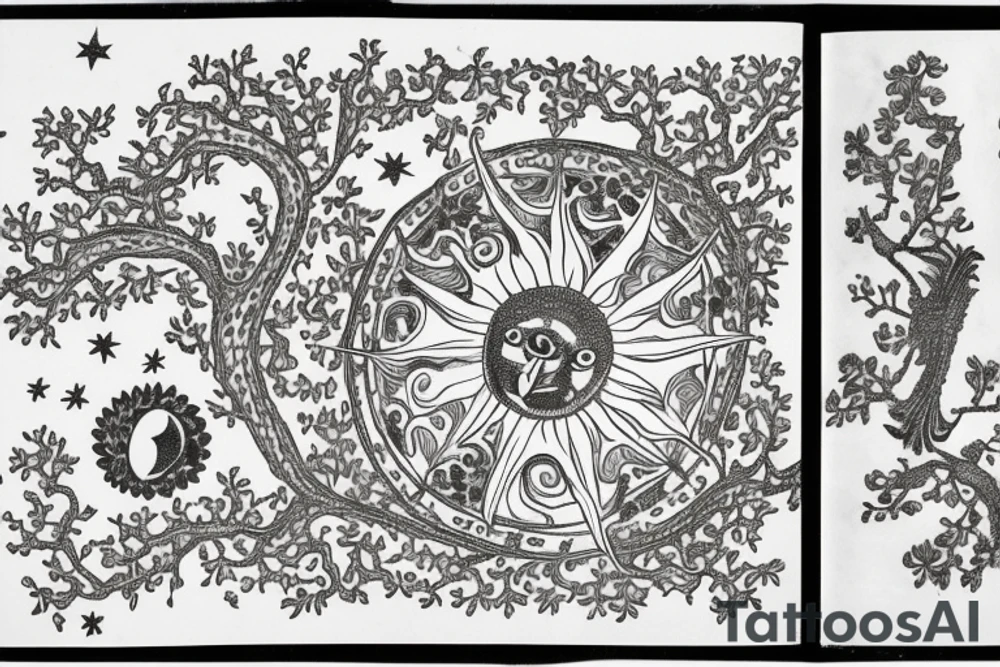 This is a black-and-white drawing of an open book with flowers, birds, stars, and other intricate details. The book has a tree on the left side with its branches reaching up to the top of the page. On the right side of the page there are several small drawings including a sun with rays, a dragon, a turtle, and what appears to be a cat's face. In addition to these images there is also an abstract circle with lines inside it near the center of the page. tattoo idea