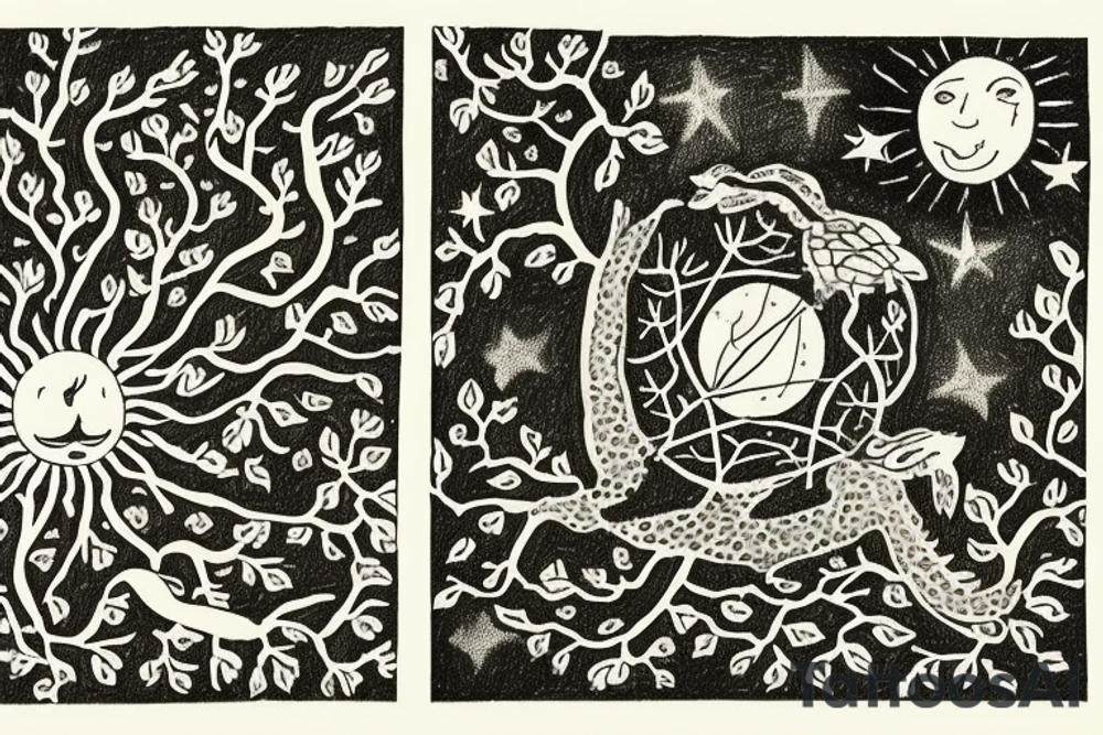 This is a black-and-white drawing of an open book with flowers, birds, stars, and other intricate details. The book has a tree on the left side with its branches reaching up to the top of the page. On the right side of the page there are several small drawings including a sun with rays, a dragon, a turtle, and what appears to be a cat's face. In addition to these images there is also an abstract circle with lines inside it near the center of the page. tattoo idea