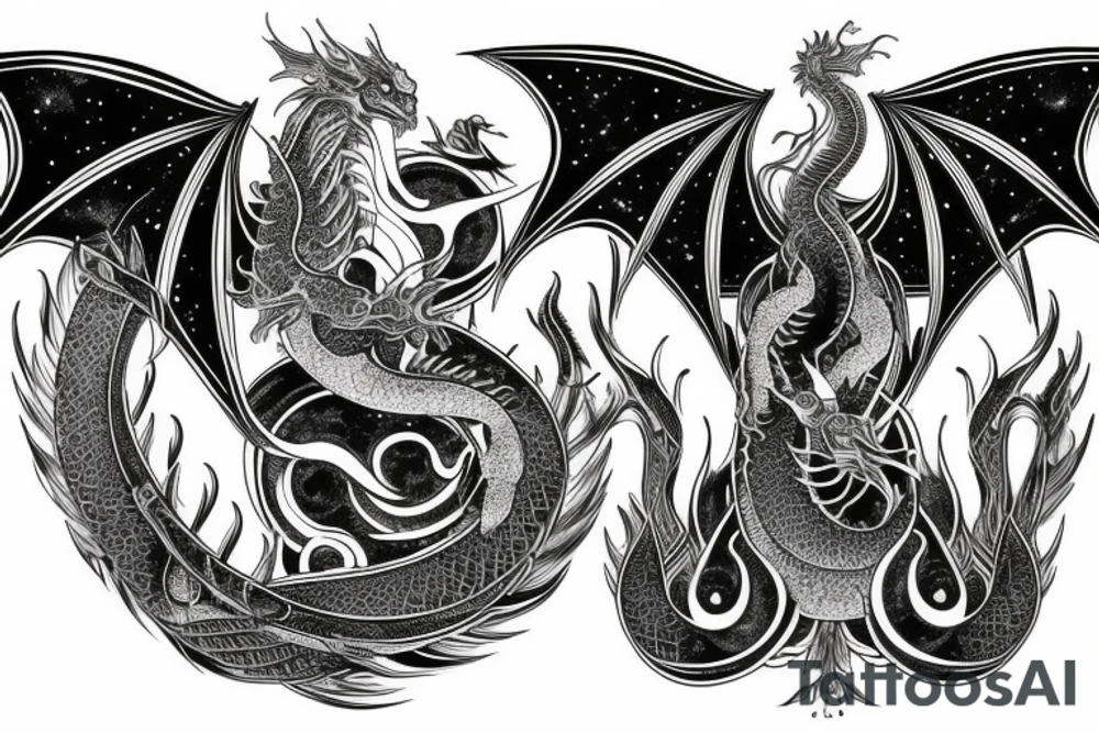 cosmic dragon on arm and chest tattoo idea