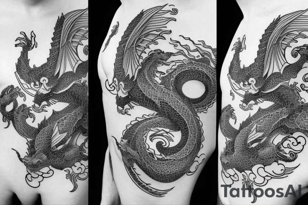 cosmic dragon on arm and chest tattoo idea