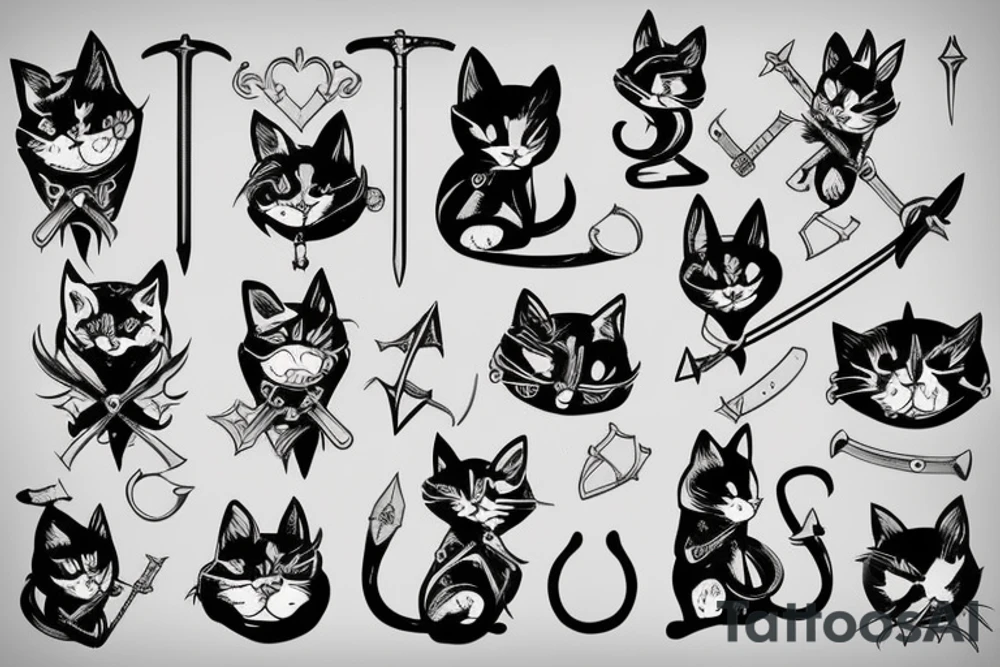 black cat and silver bunny as knights with swords covering each other tattoo idea