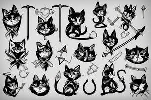 black cat and silver bunny as knights with swords covering each other tattoo idea