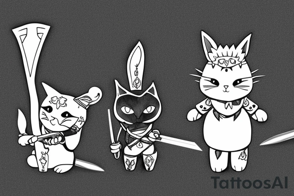 black cat and silver bunny as knights with swords covering each other tattoo idea