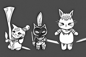 black cat and silver bunny as knights with swords covering each other tattoo idea