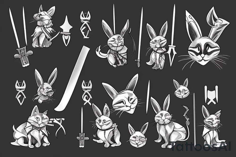 black cat and silver bunny as knights with swords covering each other tattoo idea