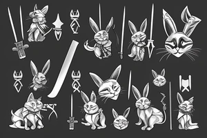black cat and silver bunny as knights with swords covering each other tattoo idea