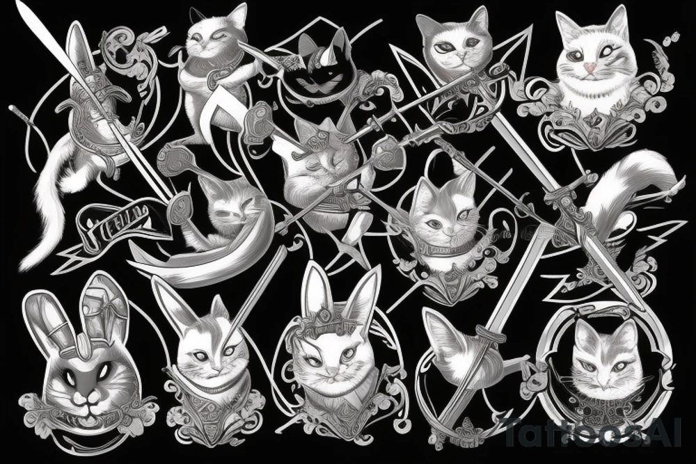black cat and silver bunny as knights with swords covering each other tattoo idea