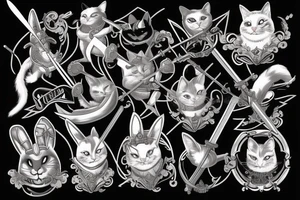 black cat and silver bunny as knights with swords covering each other tattoo idea