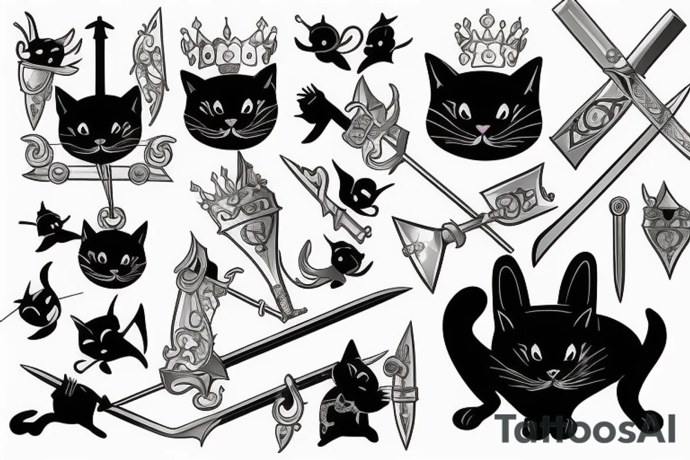 black cat and silver bunny as knights with swords covering each other tattoo idea
