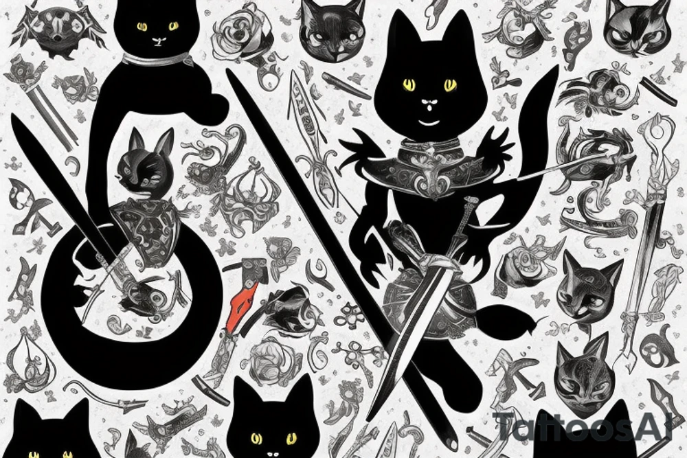 black cat and silver bunny as knights with swords covering each other tattoo idea