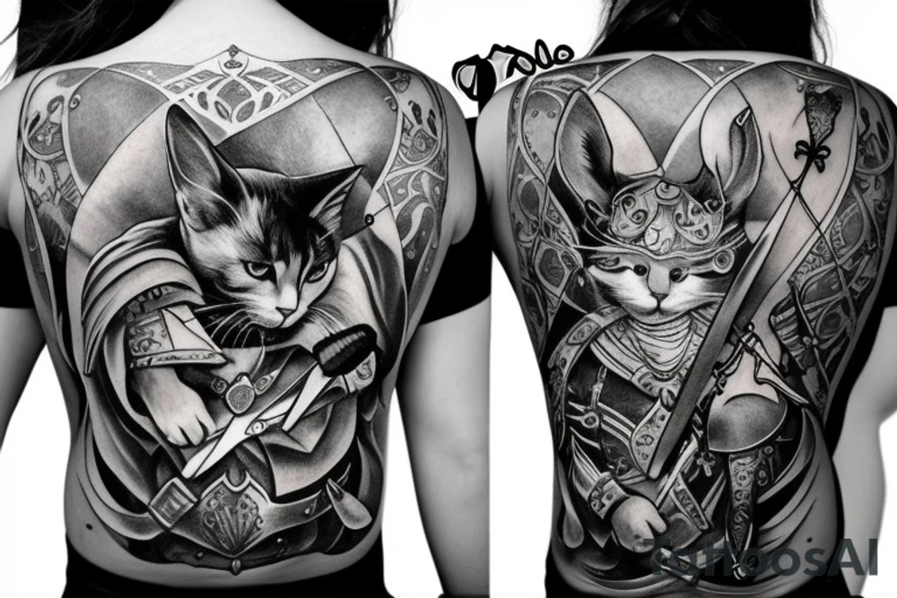black cat and silver bunny as knights with swords covering each other tattoo idea