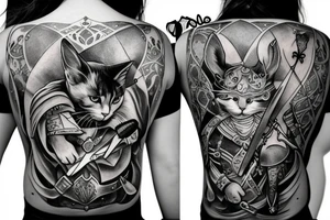 black cat and silver bunny as knights with swords covering each other tattoo idea