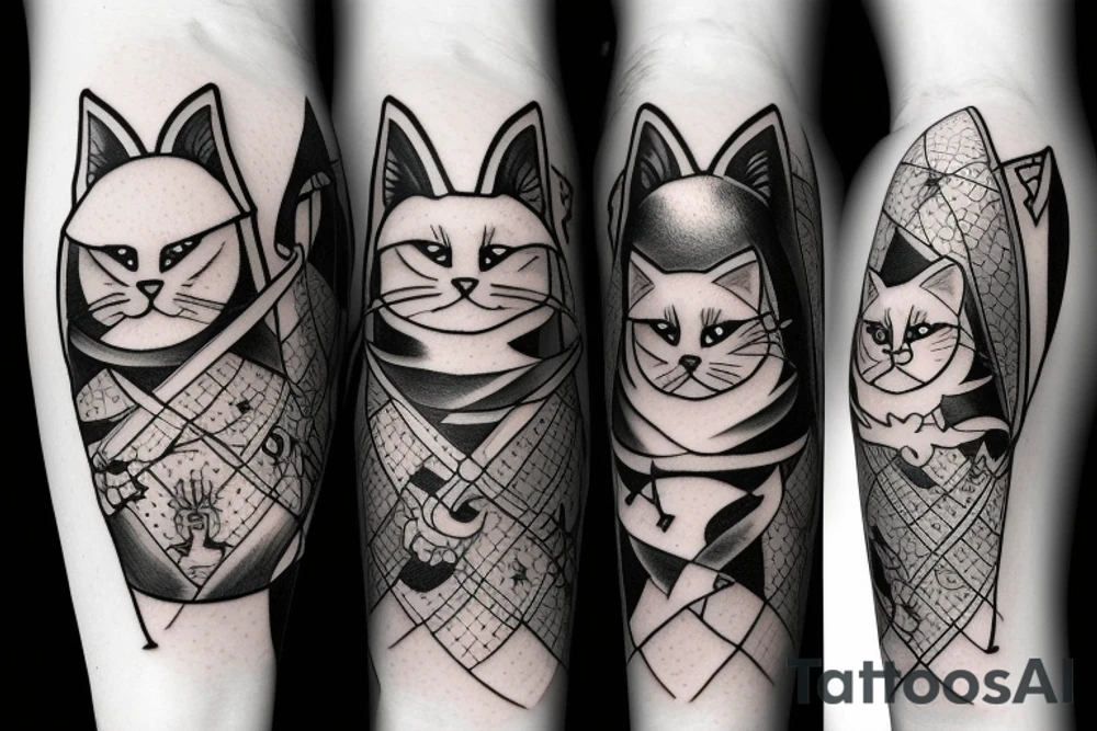 black cat and silver bunny as knights with swords covering each other tattoo idea