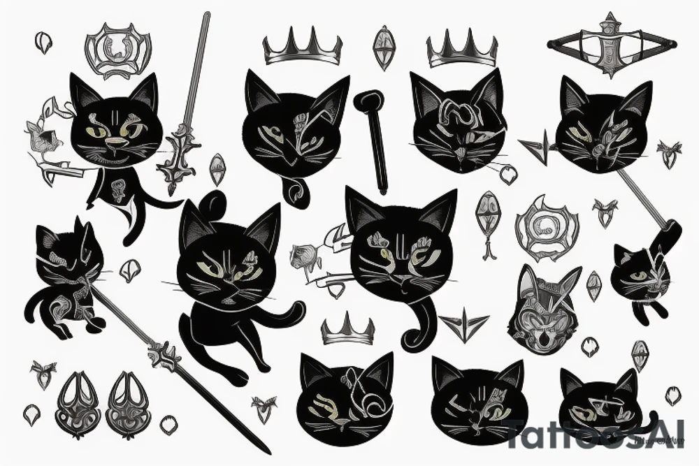 black cat and silver bunny as knights with swords covering each other tattoo idea