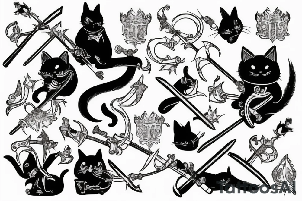 black cat and silver bunny as knights with swords covering each other tattoo idea