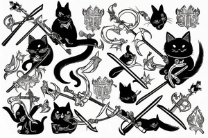 black cat and silver bunny as knights with swords covering each other tattoo idea