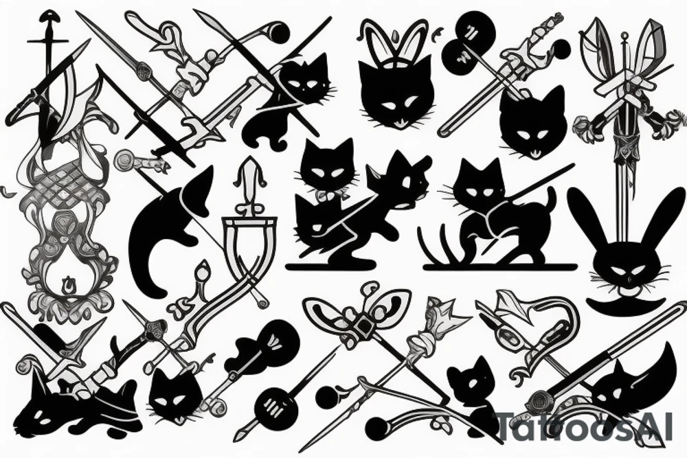 black cat and silver bunny as knights with swords covering each other tattoo idea