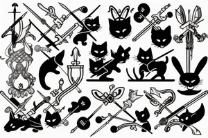 black cat and silver bunny as knights with swords covering each other tattoo idea