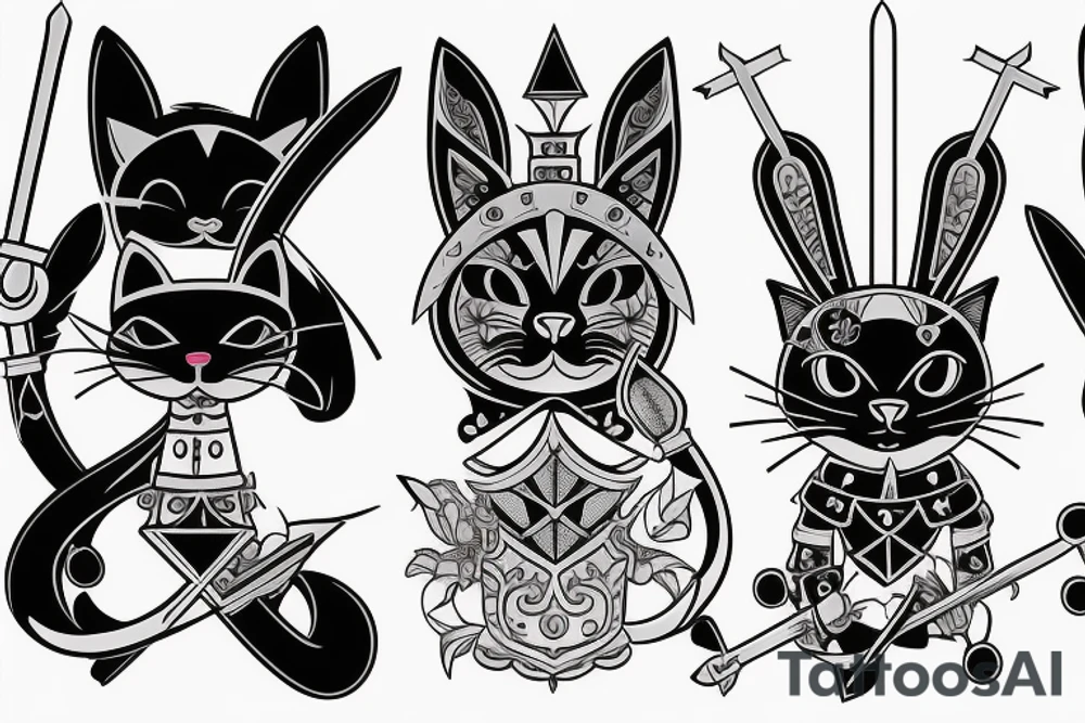 black cat and silver bunny as knights with swords covering each other tattoo idea