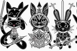 black cat and silver bunny as knights with swords covering each other tattoo idea