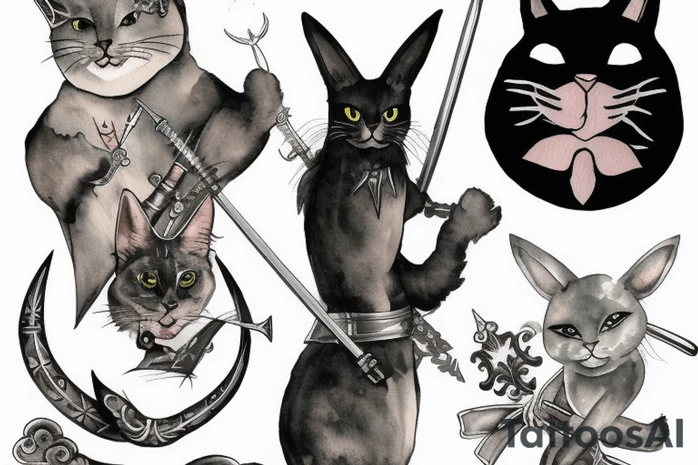 black cat and silver bunny as knights with swords covering each other tattoo idea