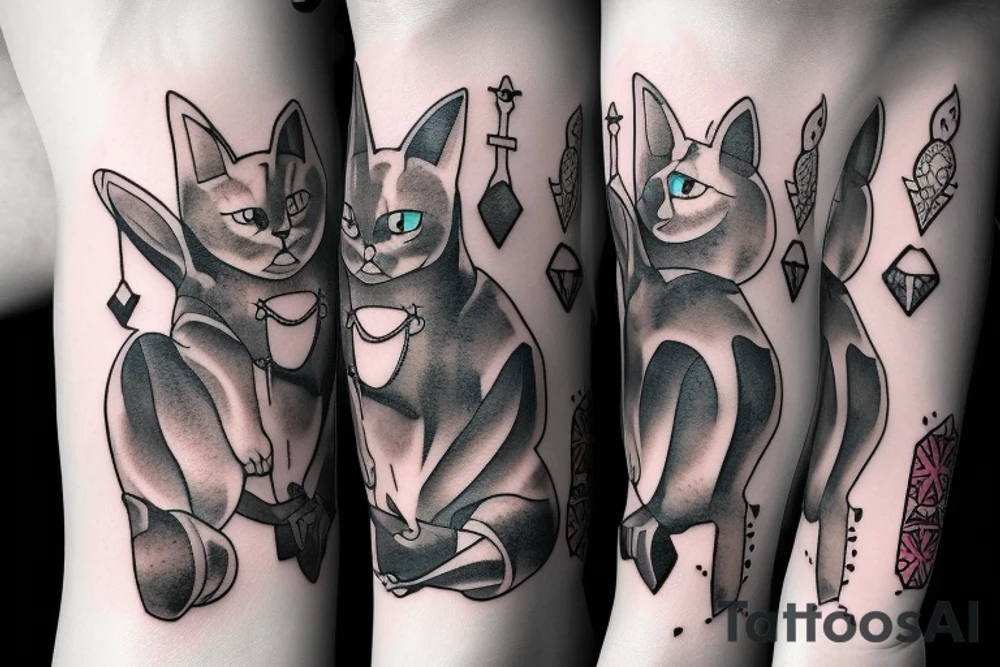 black cat and silver bunny as knights with swords covering each other tattoo idea