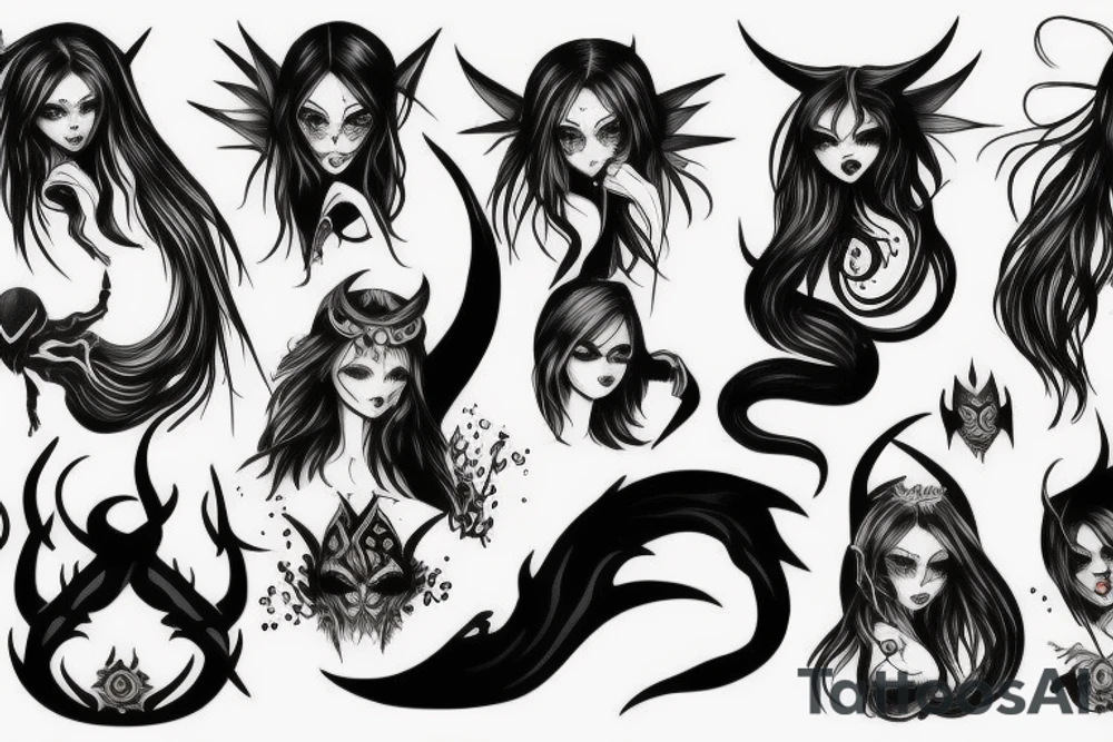 Demon girl and dark symbolism arm sleeve tattoo idea