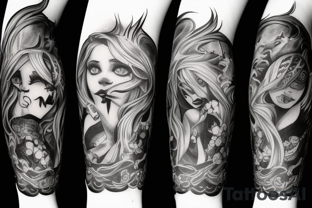 Demon girl and dark symbolism arm sleeve tattoo idea