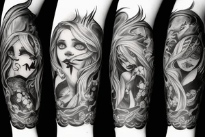 Demon girl and dark symbolism arm sleeve tattoo idea