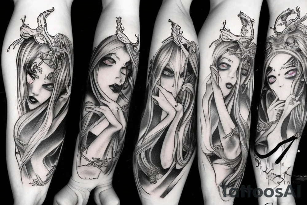 Demon girl and dark symbolism arm sleeve tattoo idea