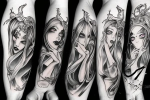 Demon girl and dark symbolism arm sleeve tattoo idea