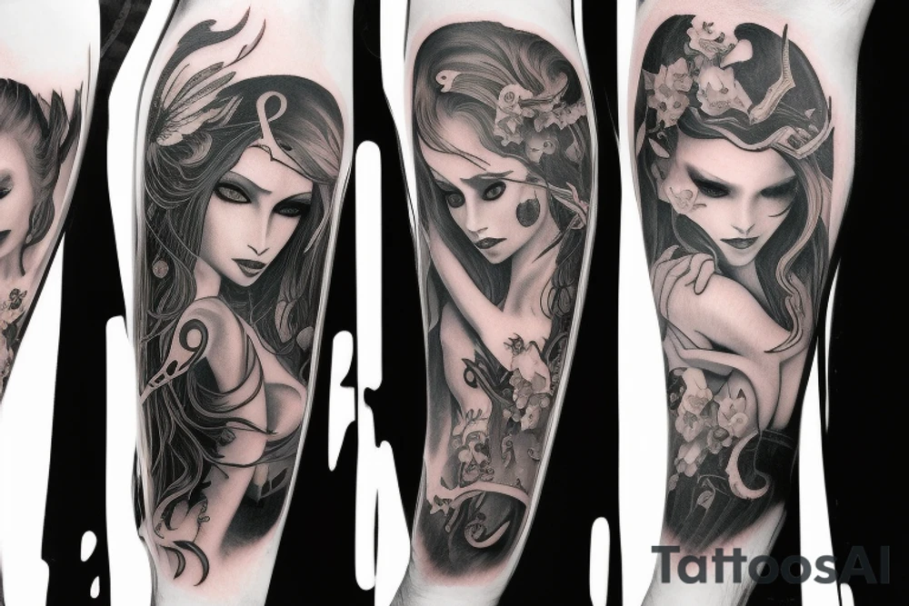 Demon girl and dark symbolism arm sleeve tattoo idea